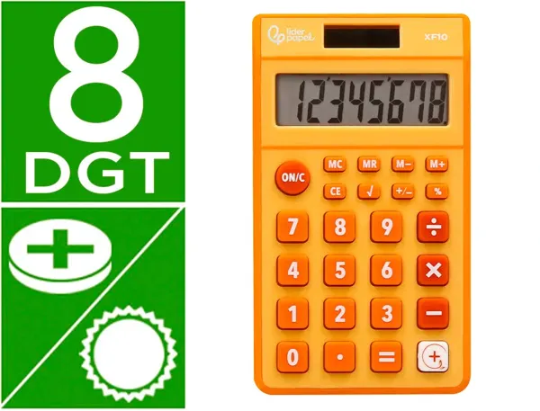 Calculatrice de poche liderpapel xf10 8 chiffres solaire et piles 115x65x8 mm coloris orange — Non classé