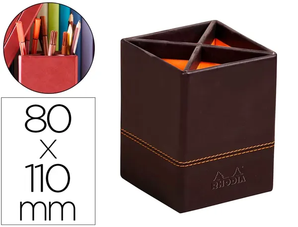 Pot crayons rhodiarama quatre compartiments en simil cuir noir velout 8x8x11cm — Non classé