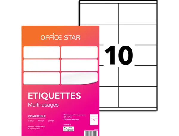 Etiquette office star impression laser jet encre et copieur 105x57mm coloris blanc pochette 1000 unites — Non classé