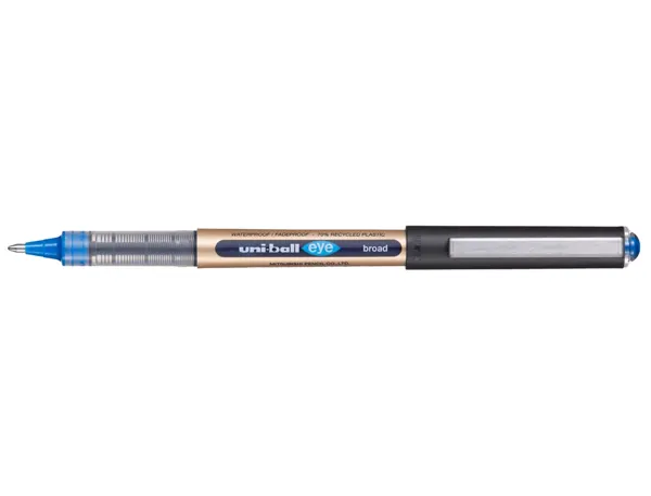 Roller uniball eye plastique recycle encre liquide ecriture large pointe metal coloris bleu — Non classé
