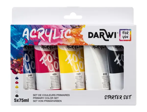 Peinture darwi for you acrylic starter set coloris assortis primaires tube 75ml set 5 unites — Non classé