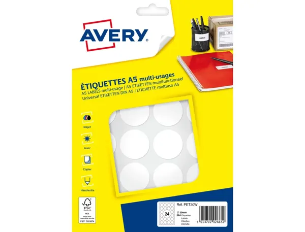 Etiquette avery multi-usages diam. 30 mm impression laser / jet d'encre / copieur coloris blanc 384 unites — Non…
