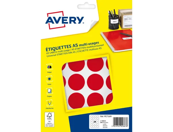 Etiquette avery multi-usages diam. 30 mm impression laser / jet d'encre / copieur coloris rouge 240 unites — Non…
