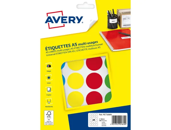 Etiquette avery multi-usages diam. 30 mm impression laser / jet d'encre / copieur coloris assortis 168 unites — Non…