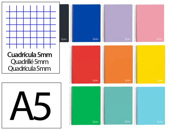 Cahier spirale liderpapel witty a5 couverture rigide 120 feuilles 90g/m2 5x5mm 4 trous perfores coloris — Non classé