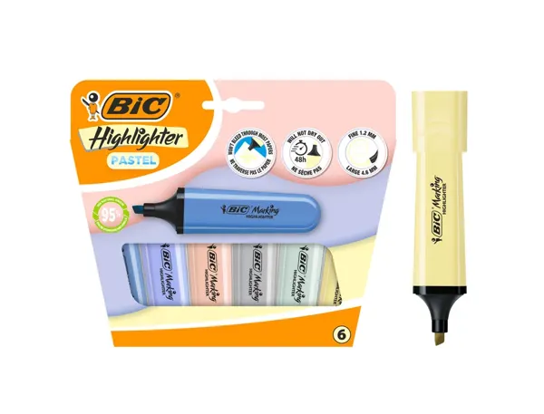 Surligneur bic highlighter plat pointe biseautee coloris pastel assortis pochette 6 unites — Non classé