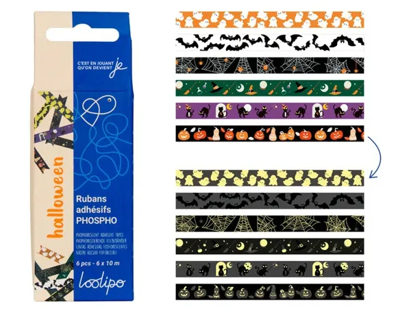 Ruban adhesif sodertex phosphorescent halloween 15mmx10m 6 modeles assortis — Non classé