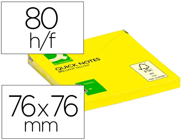 Bloc-notes q-connect quick notes couleurs néon 76x76mm 80f repositionnables coloris jaune vif — Non classé
