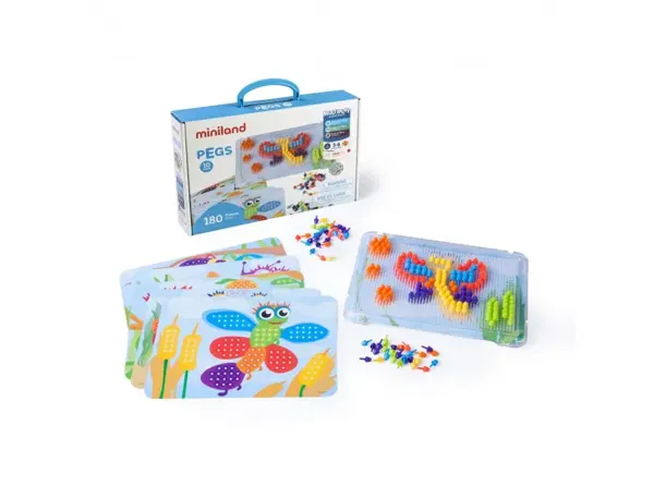 Mosaiques pegs miniland 3 tailles de pions diametre 10mm 180 pieces coloris assortis 6 fiches modeles — Non classé