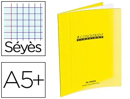 Cahier piqué conquérant classique couverture polypropylène rigide transparente a5+ 17x22cm 32 pages 90g séyès jaune — Non…