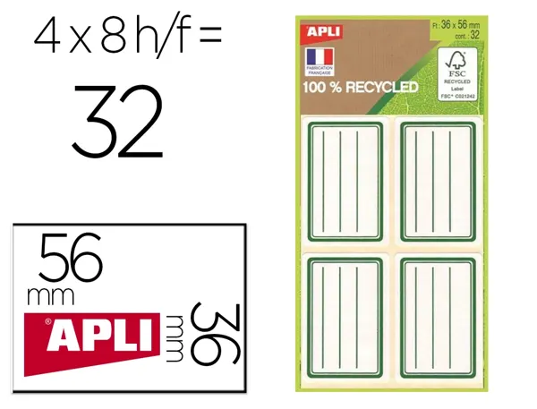 Etiquette apli scolaire 100% recycle 36x56mm bords arrondisligne et cadre coloris vert pochette 32 unites — Non classé