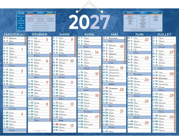 Calendrier classique bouchut 2027 7 mois recto/verso 2 oeillets et 1 cordonnet 385x540mm coloris bleu — Non classé