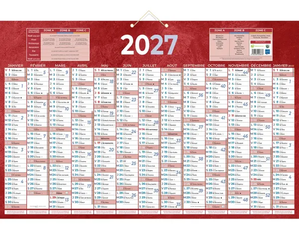 Calendrier classique bouchut 2027 13 mois sur une face 2 oeillets et 1 cordonnet 430x650mm coloris rouge — Non classé