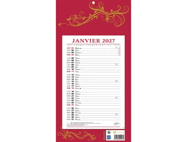 Bloc mensuel 409 bouchut 2027 1 oeillet 190x360mm coloris rouge — Non classé
