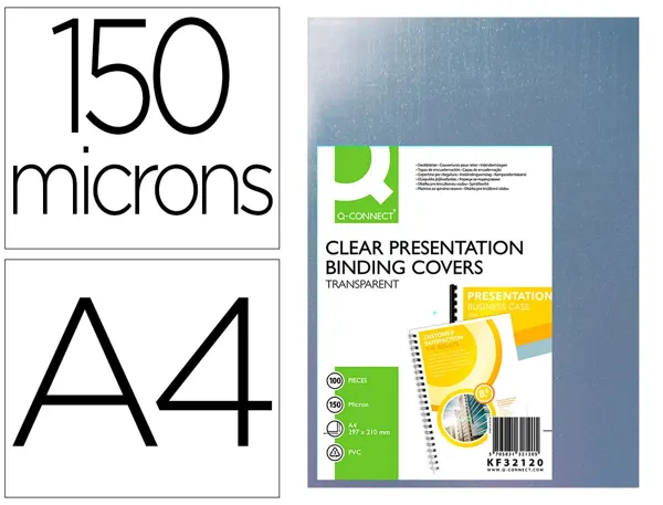 Plat couverture q-connect pvc incolore 150 microns a4 relieurs spirales peignes anneaux paquet 100 unités — Non classé