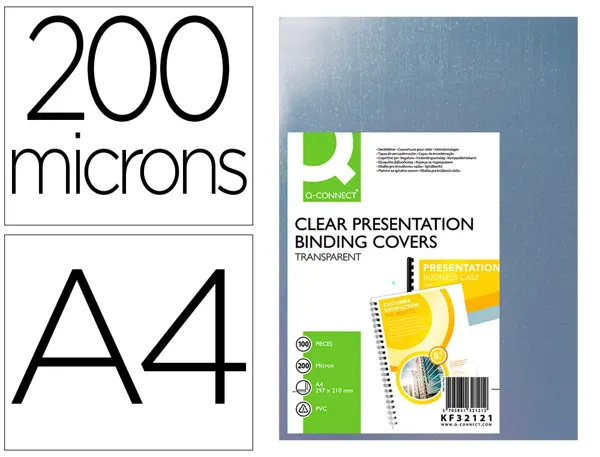 Plat couverture q-connect pvc 200 microns a4 relieurs spirales peignes anneaux incolore paquet 100 unités — Non classé