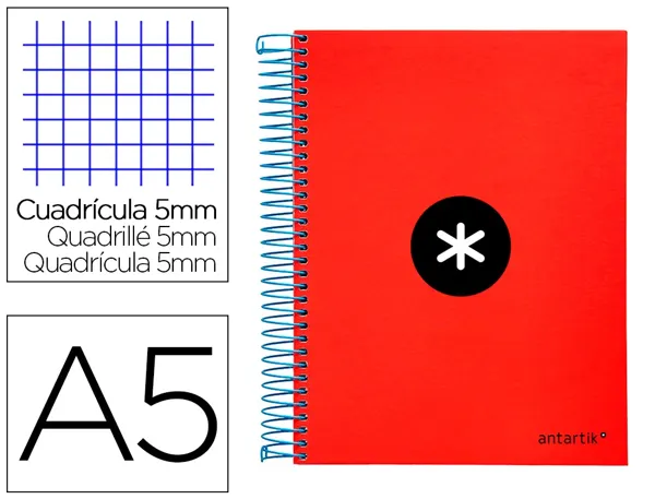 Cahier spirale antartik a5 240p 90g couverture rembordee quadrillage 5mm 6 trous coil-lock coloris rouge — Non classé