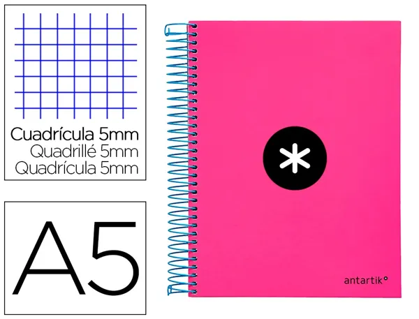 Cahier spirale antartik a5 240p 90g couverture rembordee quadrillage 5mm 6 trous coil-lock coloris rose fluo — Non…