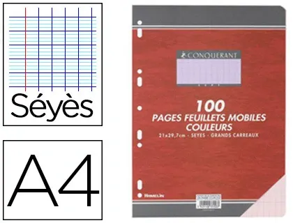 Feuillet mobile conquérant sept a4 210x297mm 100 pages 80g séyès perforé coloris rose — Non classé