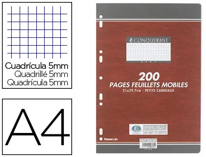 Feuillet mobile conquérant sept a4 210x297mm 200 pages 90g 5x5mm perforé coloris blanc — Non classé