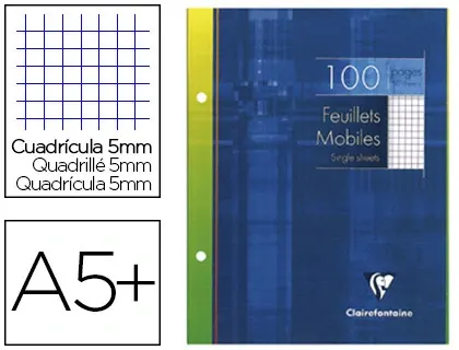 Feuillet mobile clairefontaine a5+ 170x220mm papier vélin velouté 100 pages 90g 5x5mm perforé coloris blanc — Non classé