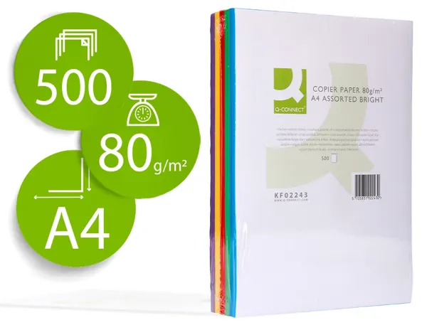 Papier couleur q-connect multifonction a4 80g/m2 5 coloris assortis intenses ramette 500 feuilles — Non classé