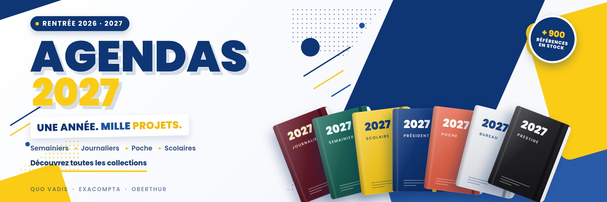 Agendas 2027 — une année, mille projets. Semainiers, journaliers, poche, scolaires : découvrez toutes les collections Quo Vadis, Exacompta et Oberthur, plus de 900 références en stock.